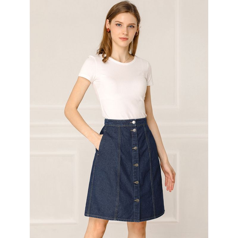Allegra K Women's Elastic Back Short Button Down Denim Skirts with Pockets, 2 of 7