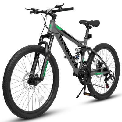 A2660 Mountain Bike 26Inch Wheels, 21Speed Full Suspension Trail, Carbon Steel Frame Disc Brakes Thumb Shifter Front Fork Rear Shock Absorber Bicycles