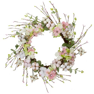 Northlight 18-Inch Pink and Green Hydrangeas with Cotton Artificial Floral Wreath