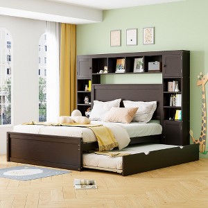 Queen Size Wooden Bed With All-in-One Cabinet Shelf and Sockets  Twin XL Trundle  White - 1 of 4
