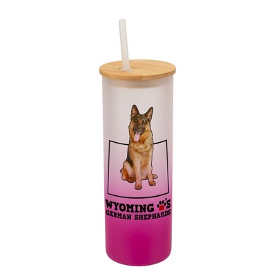 Elanze Designs The Cowboy State Wyoming Loves German Shepherds Pink and White Ombre Frosted Glass Travel Tumbler with Straw and Wooden Lid, 25 Ounce