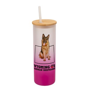 Elanze Designs The Cowboy State Wyoming Loves German Shepherds Pink and White Ombre Frosted Glass Travel Tumbler with Straw and Wooden Lid, 25 Ounce - 1 of 4