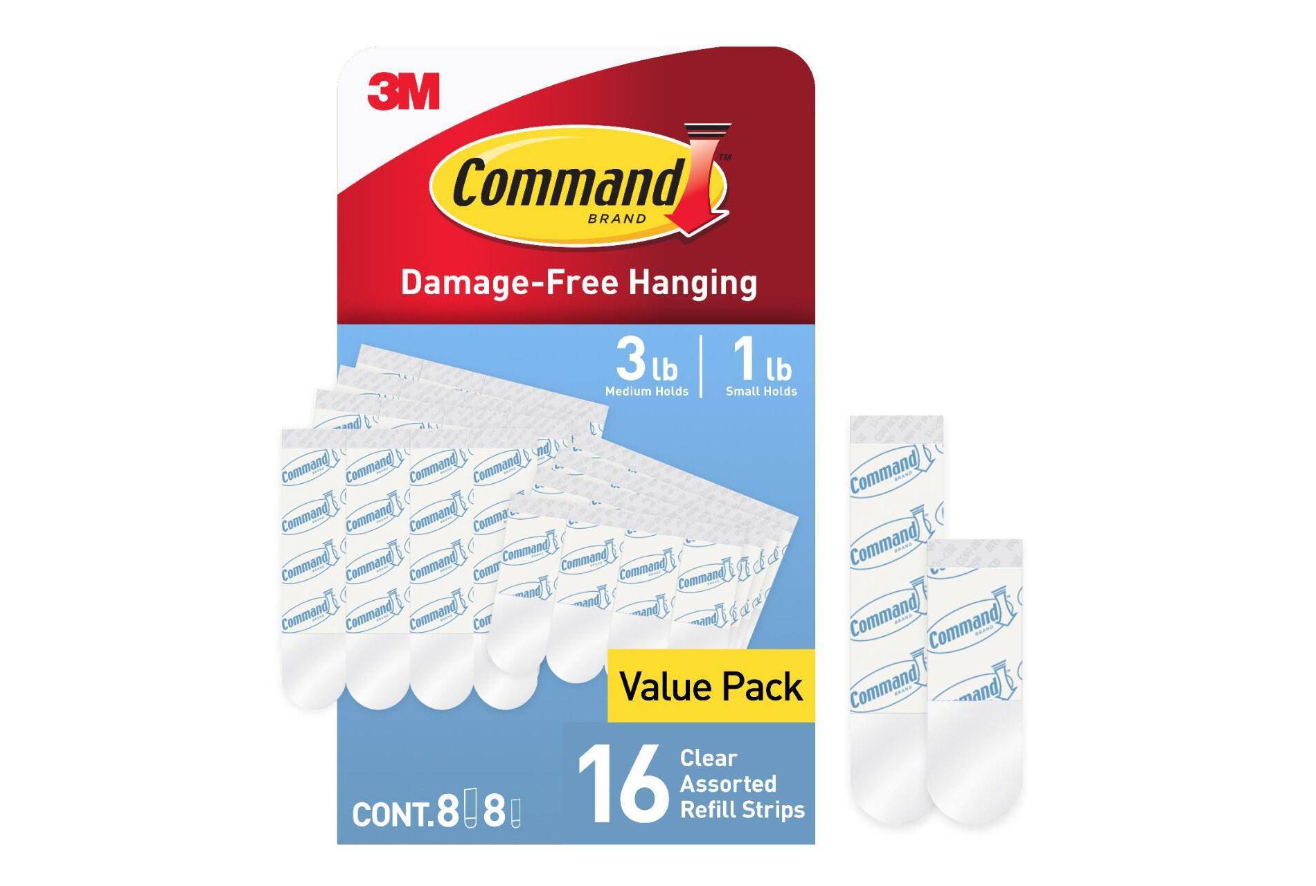 Command Refill Strips Tape: 3M Command Hook Refills, Adhesive Hooks, White, 16 Pack, 4 lb Capacity