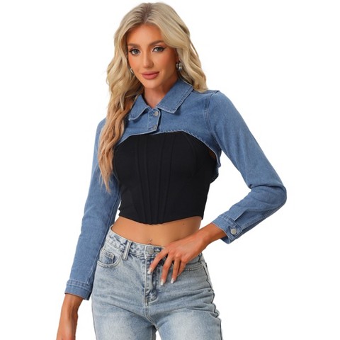 Allegra K Women's Long Sleeve Cropped Denim Jacket X-Small Blue