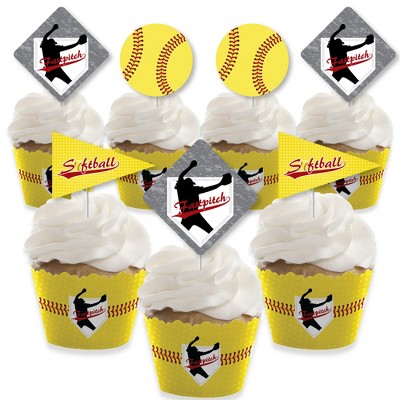 Big Dot of Happiness Grand Slam - Fastpitch Softball - Cupcake Decor - Birthday Party or Baby Shower Cupcake Wrappers and Treat Picks Kit - Set of 24