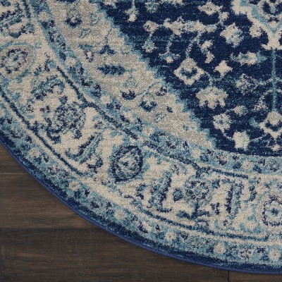 Ivory & Navy Vintage Kashan Round Area Rug, 5'3" Easy-Care Viscose
