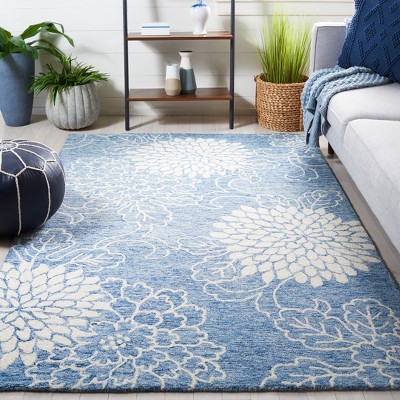 Blue and Ivory Floral Handmade Wool Area Rug, 3' x 5'