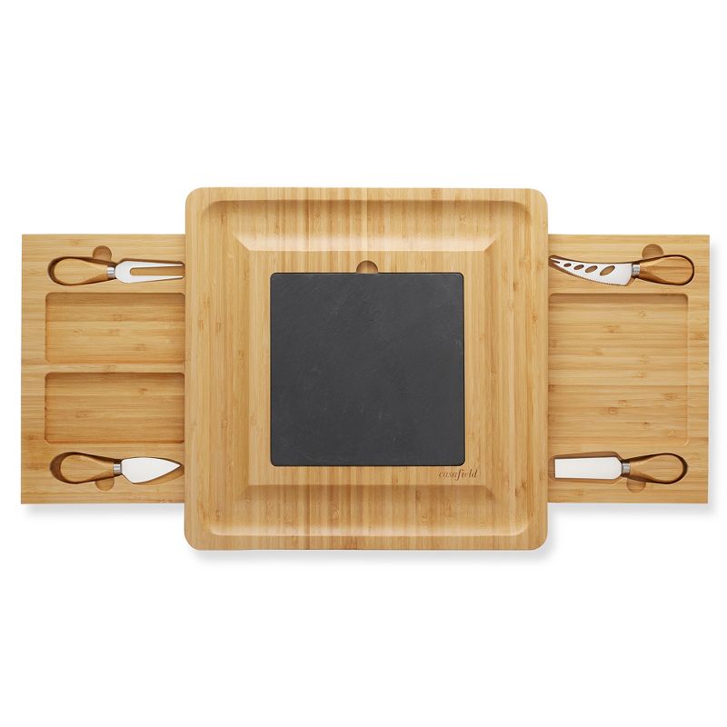 Casafield Bamboo Cheese Cutting Board with Removable Slate Cheese Plate, Stainless Steel Knives, and Slide-Out Snack Trays, 4 of 8