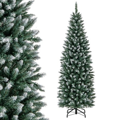 Tangkula 6/9FT Artificial Pre-lit Christmas Tree Pencil Xmas Tree with 618/1298 Snowy Branch Tips & 250/500 LED Lights