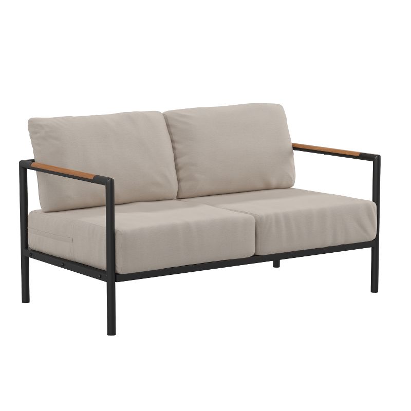 Merrick Lane Outdoor Loveseat with Removable Plush Fabric Cushions and Teak Accented Aluminum Frame, 1 of 15
