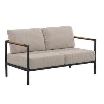 Merrick Lane Outdoor Loveseat with Removable Plush Fabric Cushions and Teak Accented Aluminum Frame