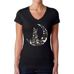 LA Pop Art Cat Sitting On Moon - Women's Word Art V-Neck T-Shirt - 1 of 4