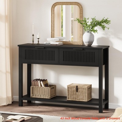 Living Room Farmhouse Entryway Table,43 Inch Wood Console Table w/2 Drawers,2 Tier Sofa Table w/Storage