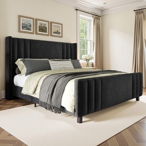 AMERLIFE Velvet Upholstered Platform Bed with Vertical Channel Tufted Headboard/Wingback - 1 of 4