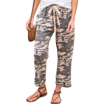 Amaryllis Women's Camouflage Print Drawstring Cropped Pants Relaxed Fit Casual Trendy