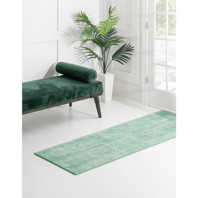 Hand-Knotted Green and Ivory Wool Runner Rug