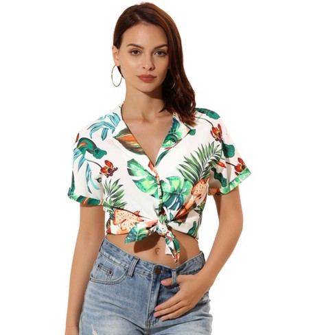 Allegra K Women's Hawaiian Floral Leaves Printed Short Sleeve Button Down  Vintage Beach Shirt White Floral X-Large