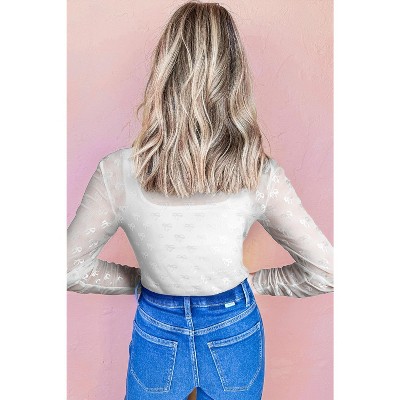 Floral Mesh Mock Neck Long Sleeve Slim Fit Top