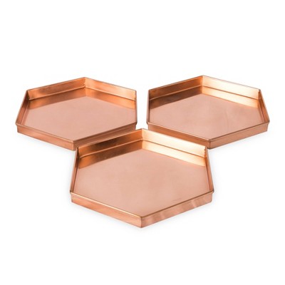 Hexagonal Copper-Plated Stainless Steel Decorative Trays, Set of 3