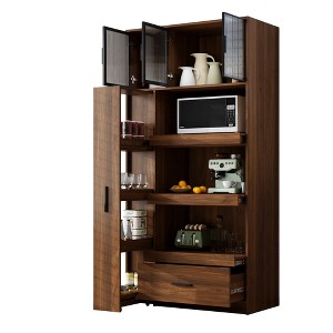 70.87" Tall Kitchen Pantry Cabinet with Pull-Out Shelves, 1 Drawer & Aluminum Frame Glass Door, Freestanding Hutch & Microwave Stand - 1 of 4