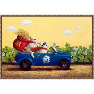 Whimsical Bunnies in Blue Car Framed Canvas Print