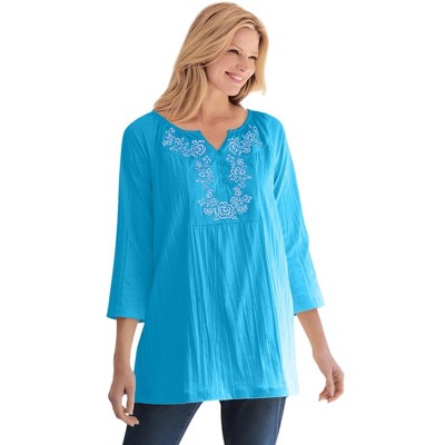 Woman Within Women's Plus Size Embroidered Crinkle Tunic