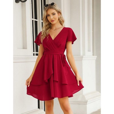 Whizmax Womens Skater Dresses Sexy V Neck Short Sleeve Tie Waist Solid  Ruffle Boho Flowy Swing Mini Dress : Target