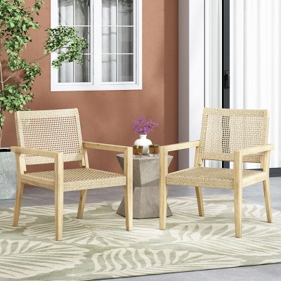Outdoor Acacia Wood & Wicker Club Chairs, Weather-Resistant Armchairs with Durable Frame for Patio, Deck, and Garden, Set of 2-Coolbibila