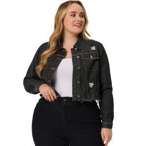 Agnes Orinda Women's Plus Size Washed Ripped Distressed Cropped Frayed Jean Jackets - 1 of 4