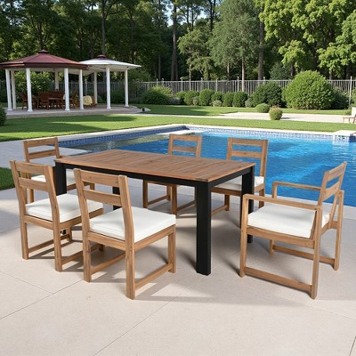 7-Piece Outdoor Patio Acacia Wood Dining Set with Umbrella Hole, 2 Armchairs and 4 Side Chairs