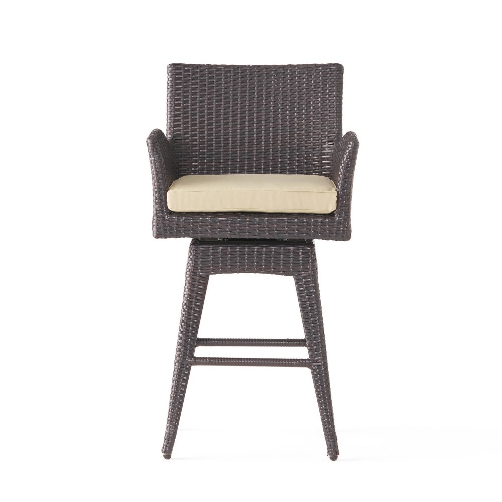 Braxton Wicker Swivel Patio Bar Stool with Cushion - Multi-Brown - Christopher Knight Home: Weather-Resistant, Fixed Height