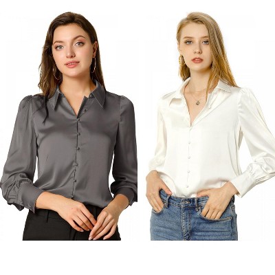 Allegra K Women's Satin Puff Sleeve Point Collar Vintage Button Up Shirt 2 Pcs
