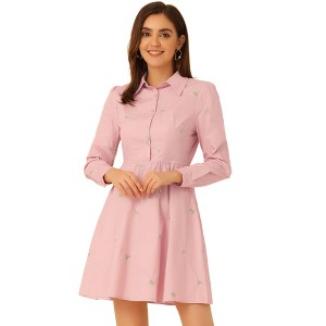 INSPIRE CHIC Women's Casual Long Sleeve Half Placket Embroidered Floral Mini Shirt Dress - 1 of 4