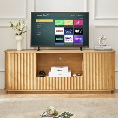 VYNXARIA 64-Inch Wavy TV Stand, Rounded Sideboard, Storage Cabinet, Wooden Vertical Stripe Cabinet for Living Room/Bedroom/Entryway, Natural