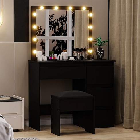 Makeup Vanity Desk Adult Dressing Table Dressing Table with Mirror And Light Power Outlet Dressing Makeup Table with Stool 4 Drawers Black