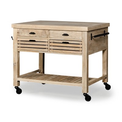 HomeRoots 32" Natural Solid Wood Rolling Kitchen Island With Storage