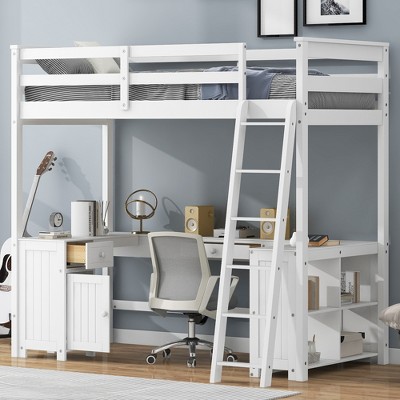 Whisen Elegant Design Full Size Loft Bed with Desk, Drawers and Storage Shelves