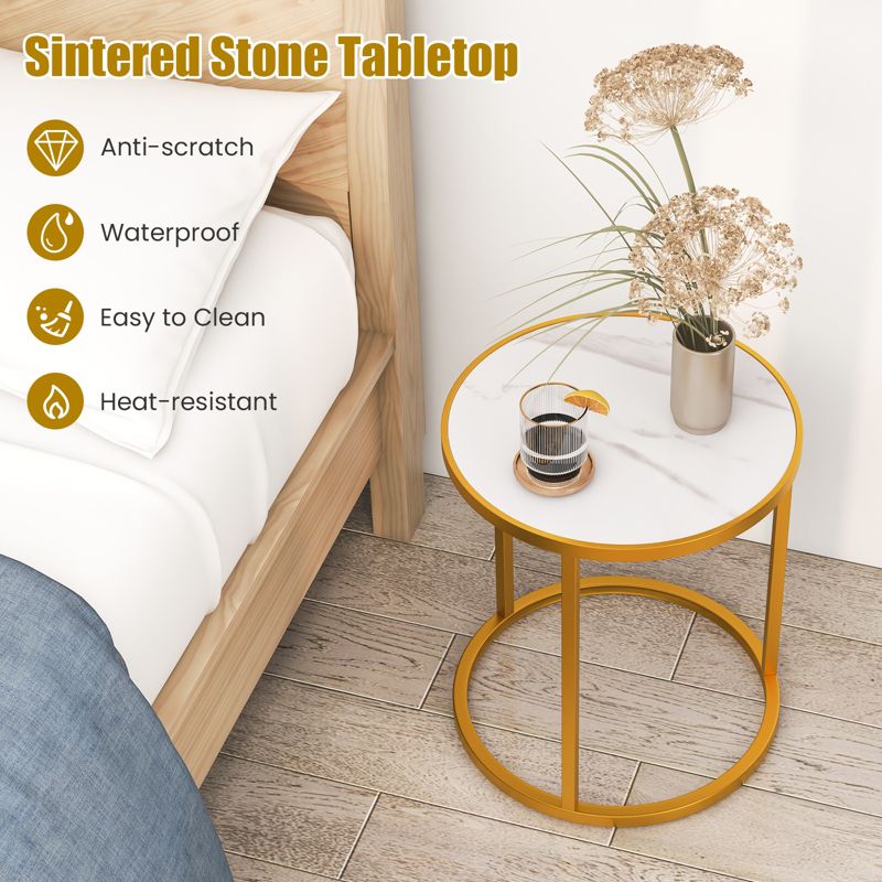 Tangkula 2PCS Marble Top Round Side Table w/ Golden Metal Frame Anti-slip Foot Pads, 4 of 9