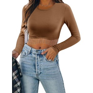 Nlife Women Casual Round Neckline Solid Color Long Sleeve Tassel Trim Crop Top - 1 of 4
