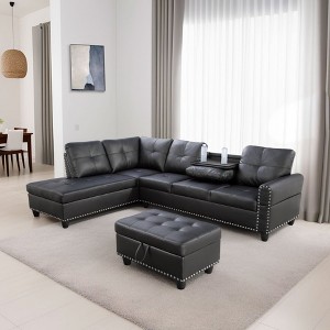DOMETOUR Modern Black Faux Leather 3 Piece Sofa Set - Sleek & Durable Living Room Furniture - 1 of 4