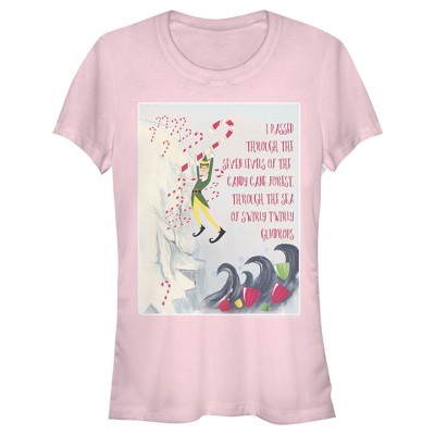 Juniors Womens Elf Swirly Twirly Gumdrop Journey T-Shirt