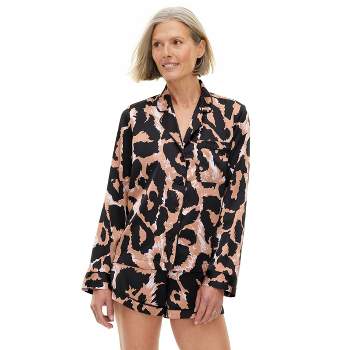 Women's 2pc Long Sleeve Notch Collar Top and Shorts Leopard Neutral Pajama Set - DVF for Target