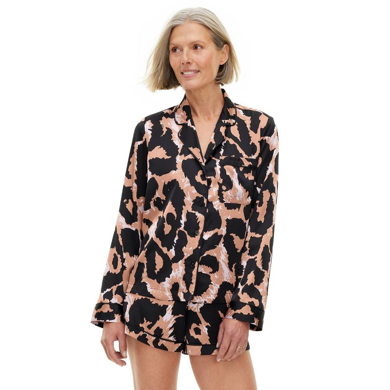 Women's 2pc Long Sleeve Notch Collar Top and Shorts Leopard Neutral Pajama Set - DVF for Target, 1 of 7