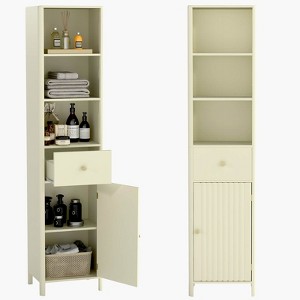 Costway 67” Tall Bathroom Cabinet with 3 Open Shelves, 1 Drawer, Adjustable Interior Shelf White/Off-white/Black/Green/Gray - 1 of 4