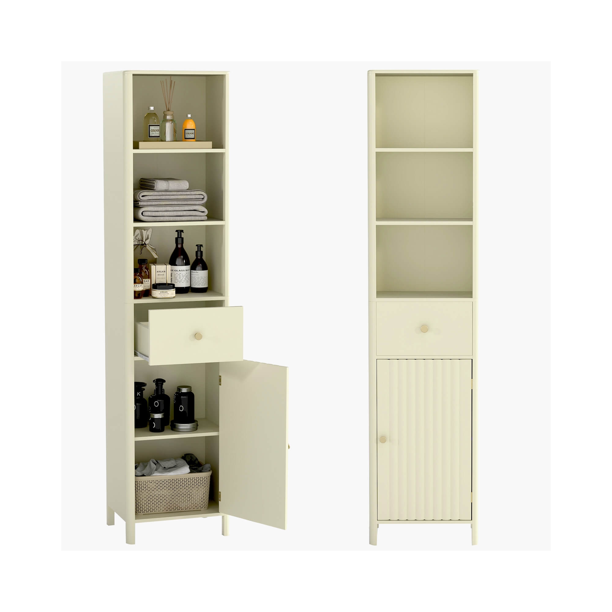 Costway 67” Tall Bathroom Cabinet with 3 Open Shelves, 1 Drawer, Adjustable Interior Shelf Off-white