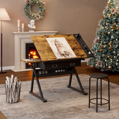 TIRAMISUBEST Adjustable Drafting Desk with 2 Drawers & Stool,Wooden Art Desk for Home Office,Studio