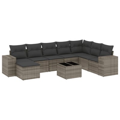 vidaXL 9 Piece Patio Sofa Set with Cushions Poly Rattan - Gray With Table
