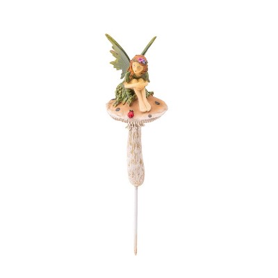 Evergreen Fairy On Mushrooms with Ladybug Garden Stakes