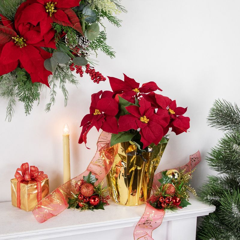 Northlight 16" Red Artificial Christmas Poinsettia Arrangement with Gold Wrapped Pot, 2 of 6