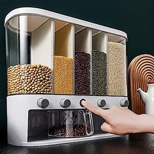 Dry Food Dispenser,Wall mounted 5 Grid Cereal Dispenser,Rice dispenser 25 pounds Kitchen Storage with Measuring Cup - 1 of 4